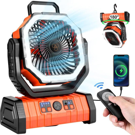 20000Mah Camping Fan with LED Lantern, Rechargeable Battery Operated Oscillating with Remote Hook Stroage Bag, Portable Tent Fan with Timer, 4 Speeds for Outdoor RV Jobsite Power Outage